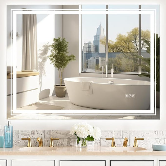 48x36 LED Mirror for Bathroom with Front and Backlit Light Up Digital Mirrors for Wall,Anti Fog,Stepless Dimmable,Tempered Silver Glass Smart Vanity Mirror for Bathroom