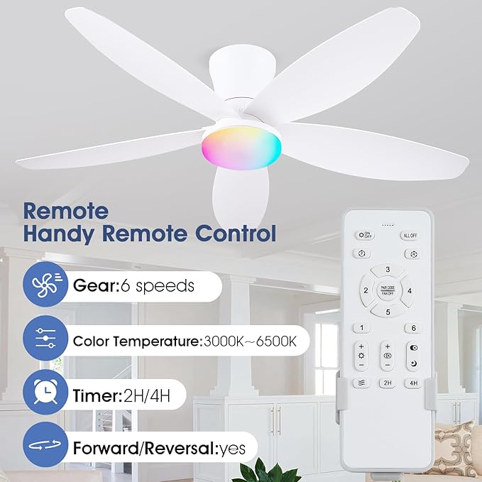 Flush Mount RGB Ceiling Fans with Lights-48 Low Profile Ceiling Fan with Light and Remote/APP Control,DC Reversible,LED Dimmable Ceiling Fans for Bedroom,Indoor/Outdoor Patio Use(White)