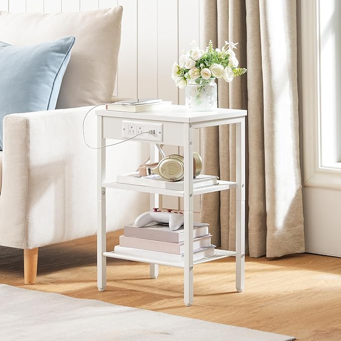 HOOBRO Side Tables Set of 2 with Charging Station and USB Ports, Small End Tables for Small Space, 3-Tier Nightstands with Adjustable Shelf, for Living Room, Bedroom and Balcony, White WW112BZP201