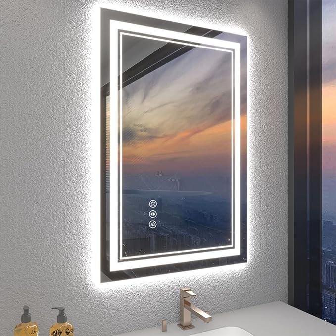 24x36 Inch Bathroom Mirror with Lights, LED Vanity Mirror for Bathroom Wall Mounted with Threefold Brightness by 2 Front Lights & 1 Backlit, Anti-Fog, Stepless Adjusted, Unbreakable Tempered Glass