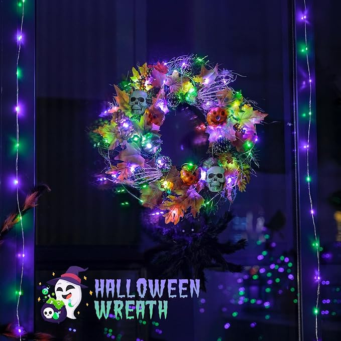 JMEXSUSS 2 Pack Purple and Green Fairy Lights Battery Operated, Total 200 LED 66ft Halloween Lights with Remote, 8 Modes Twinkle String Lights for Fireplace Mantel Porch Tree Centerpiece Wreath Decor