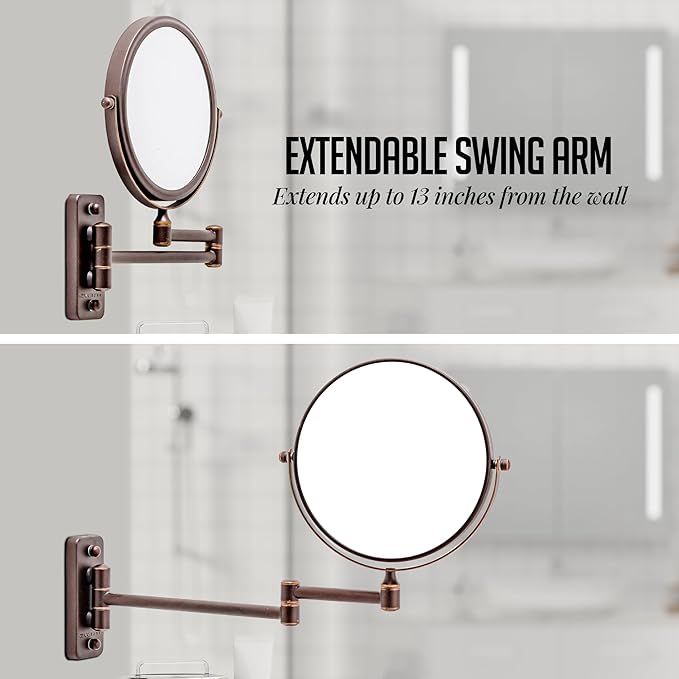 OVENTE 7" Wall Mounted Makeup Mirror with 1X/10X Magnification, Double Sided Magnifying Round Bathroom Vanity Mirror, 360° Swivel Design, Extendable and Folding Arm, Antique Bronze MNLFW70ABZ1X10X
