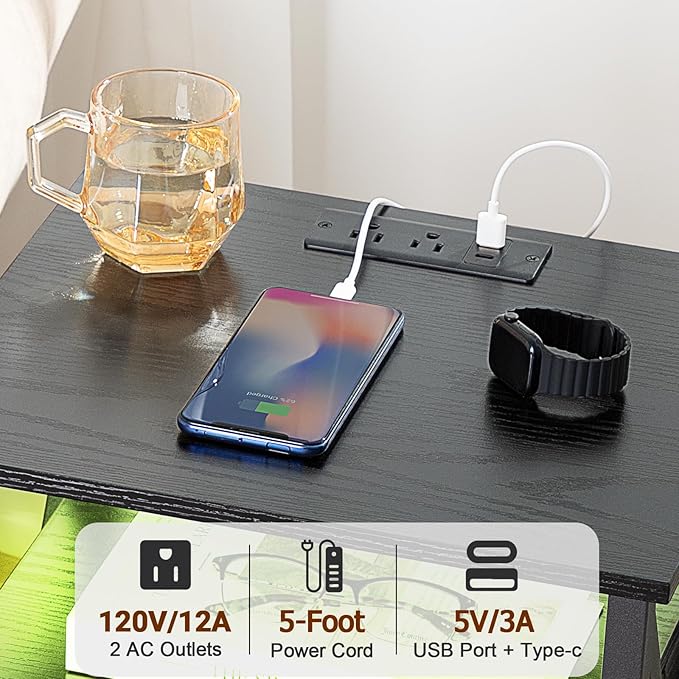 AMHANCIBLE LED Nightstand with Charging Station, Smart End Side Table with USB Port & Power Outlet, Bedside Table with Fabric Drawers for Bedroom, Living Room, Black, HET053LBK1
