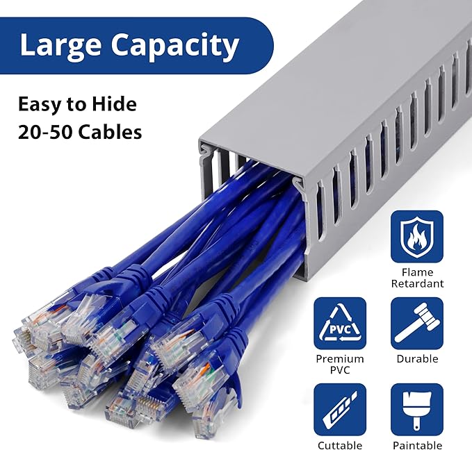 ZhiYo 68in (4X L17in) Server Rack Cable Management Raceway, H2.4 x W2in Large Capacity Cable Raceway Kit, Electrically Safe PVC, Open Slot Wire Raceway for Under Desk/Computer/Network Cords