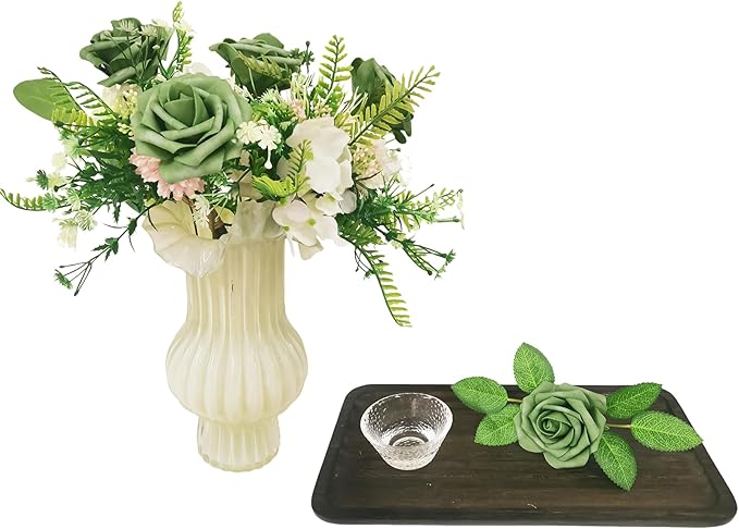 Artificial Rose Flowers 25pcs, Military Green Foam Fake Rose Faux Flower for Wedding Bouquets Bridal Shower Centerpieces Floral Arrangements Home Decorations Party Backdrops Table