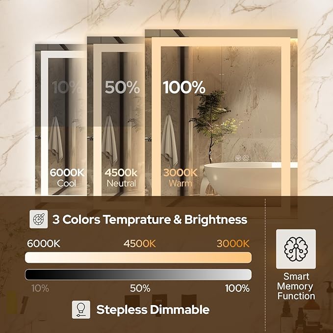55 x 30 LED Vanity Mirror for Bathroom, Frontlit & Backlit LED Mirror for Bathroom with 3 Colour Lights, Wall Vanity Mirror with Anti-Fog, Shatterproof & Memory Function, Perfect for Modern Bathrooms