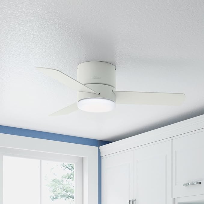 Hunter 44 inch Indoor Ceiling Fan with Light and Remote Control - For Bedroom or Living Room, Low Profile Mount, White Modern Ceiling Fan with LED Light, Quiet, 3 Blades - Minimus 59452, Fresh White