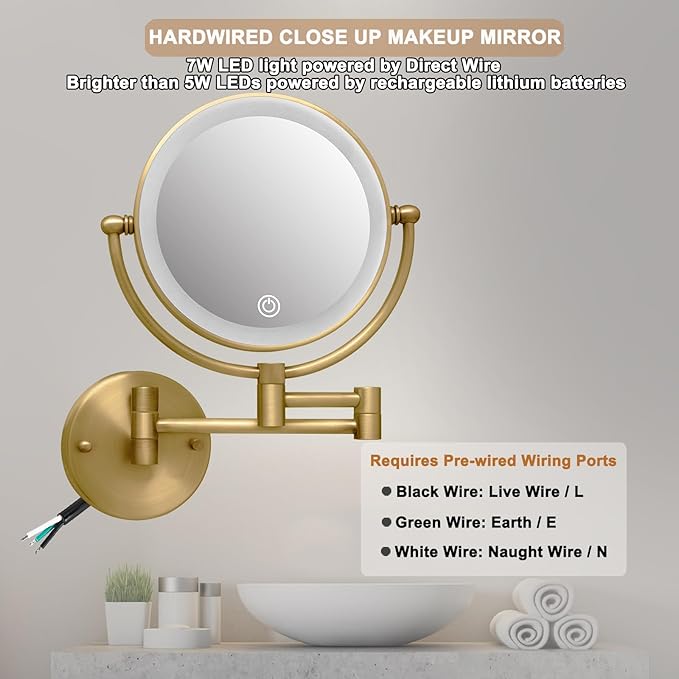 Make up Mirror Wall Mounted Lighted 10X Magnifying Hard Wired, Double Sides 3 Color Lighting Touch Dimming, 360 Swivel Extended Arm Shaving Light up Mirror for Bathroom, Antique Brass