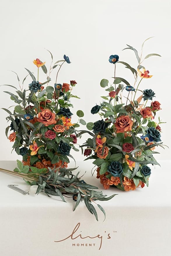 Ling's Moment 41" Tall Fall Free Standing Artificial Flowers Arrangements 2 pcs Wedding Arch Altar Stage Decorations Teal Burnt Orange For Ceremony Reception Church Backdrop Outdoor Aisle Floral Party