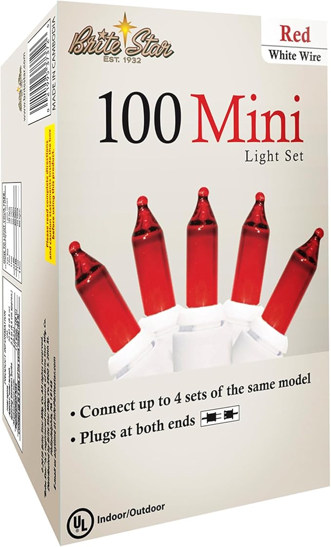 Brite Star 100 Count Mini String Christmas Lights, Red - 22 feet Indoor/Outdoor Christmas Tree Lights with White Wire