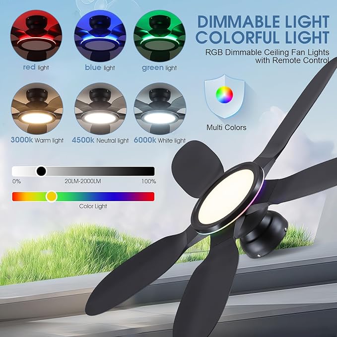Ceiling Fans with Lights and Remote/APP Control, 52 inch Low Profile Ceiling Fans with Dimmable White + RGB Ring Lights, 6 Speeds 5 Curved Blades for Kids Room Bedroom Bar, Black