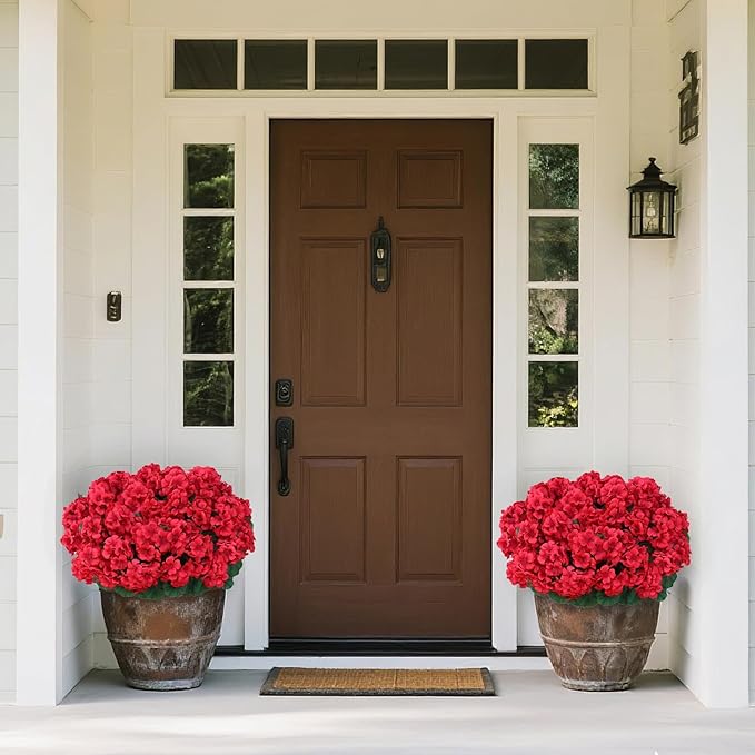 8 Bundles18" Artificial Geranium Flowers for Outdoor Spring Summer Decoration,Fake Silk Geranium Faux Plants UV Resistant for Front Door Planter Outside Home Garden Balcony Yard Porch Decor (Red)