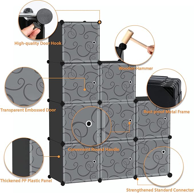 C&AHOME Cube Storage Organizer with Doors, 9-Cube Shelves, Closet Cabinet, DIY Plastic Modular Bookshelf, Storage Shelving Ideal for Bedroom, Living Room, 36.6”L x 12.4”W x 36.6”H Black USHS3009B-DOOR