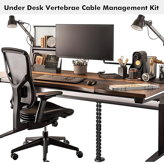 Yaomiao 1 Pack Under Desk Vertebrae Cable Management Kit Standing Desk 48'' Adjustable Quad Entry Flexible Cord Organizer with Ties, Stick-on Clips Cable Management Set for Home User Office Worker