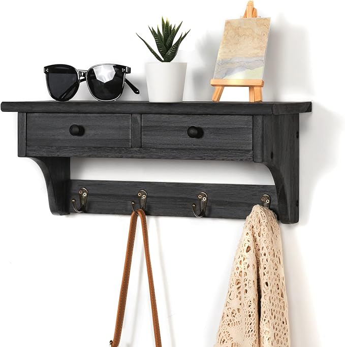 Emfogo Wood Coat Hooks Wall Mounted, Rustic Style with 4 Hooks & Shelf for Entryway, Mudroom, Bedroom, Kitchen, Bathroom (Black)