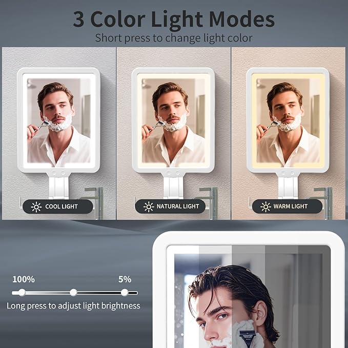 Heated Shower Mirror Fogless for Shaving, 3 Color Dimming Shower Shaving Mirror, 9.5 * 8inch Anti-Fog Shower Mirror with Lights, Wall-Mounted Large Shaving Mirror with Razor Holder