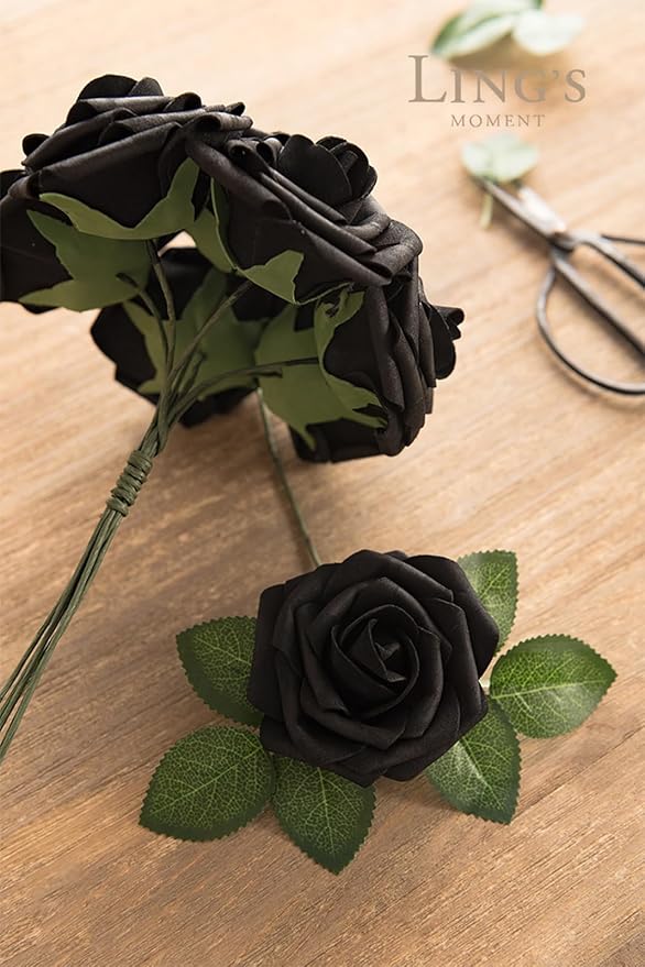 Ling's moment Artificial Flowers 25Pcs Black Roses Decor w/Stems,3" Real Touch DIY Foam Floral for Wedding Bouquet/Centerpieces, Outdoors Party Backdrop, Room/Table, and Garden/Pot Decorations