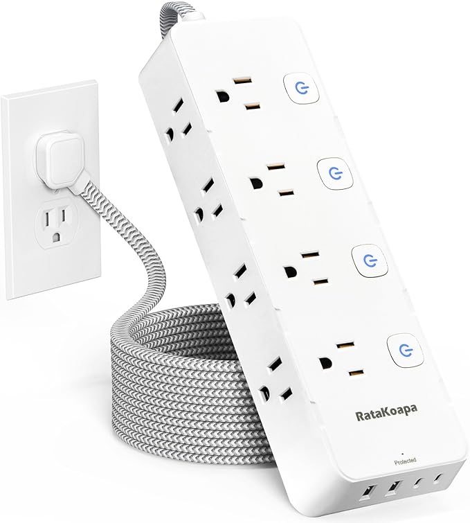 10 Ft Surge Protector Power Strip - 8 Widely AC Outlet 4 USB Ports(2 USB C), Flat Plug Extension Cord with Multiple Outlets, Individual Switches, Desk Extender for Dorm, Home, Office Essentials, 1400J