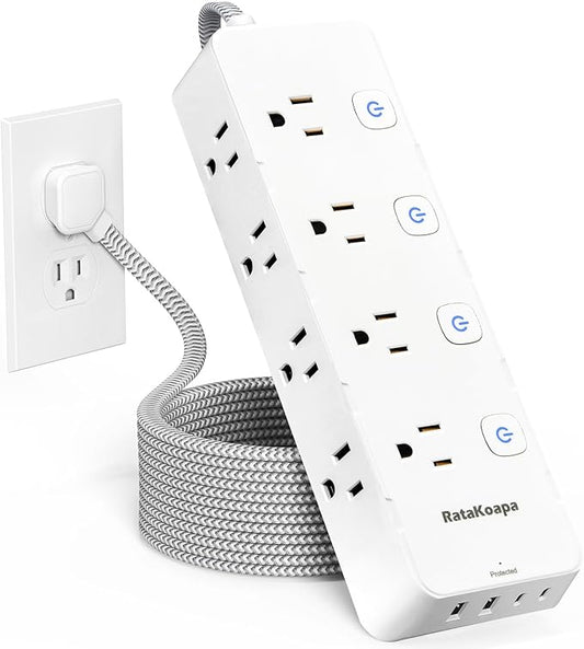 10 Ft Surge Protector Power Strip - 8 Widely AC Outlet 4 USB Ports(2 USB C), Flat Plug Extension Cord with Multiple Outlets, Individual Switches, Desk Extender for Dorm, Home, Office Essentials, 1400J