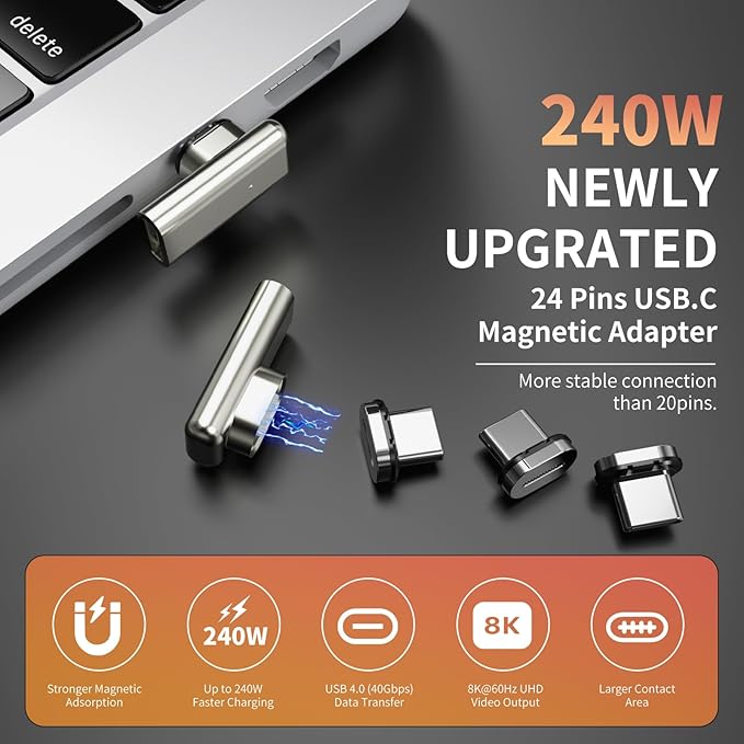 240W USB C Magnetic Adapter, Right Angle 90 Degree USB-C Male to Female Connector, 40Gbps Data Transfer, 4K Video Output, Right Angle USBC Adapter for MacBook Pro/Air, Steam Deck, PS5