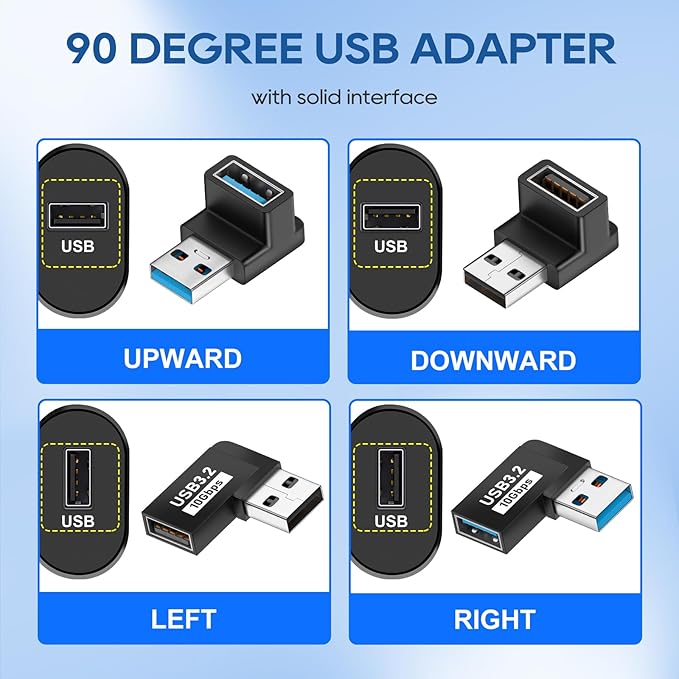 UCEC 90 Degree USB Adapter, 3.2 USB Right Angle Adapter, Horizontal Left and Right Angle USB A Male to USB A Female Extender Connector 10Gbps 2 Pack