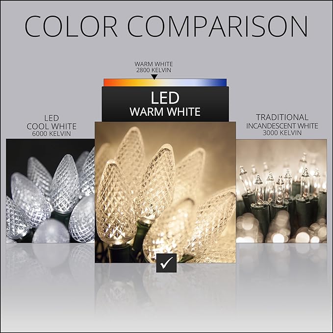Wintergreen Lighting 25 C9 Warm White LED Christmas Lights, 17 Ft – Indoor Outdoor C9 String Lights, Classic White Christmas Lights