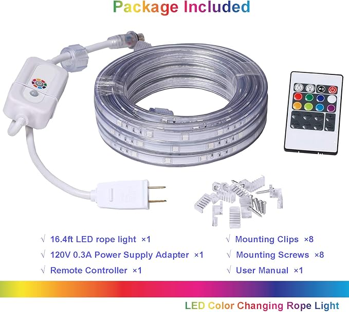 LED Rope Lights, 16.4ft Flat Flexible RGB Strip Light, Color Changing, Waterproof for Indoor Outdoor Use, Connectable Decorative Lighting, 8 Colors and Multiple Modes