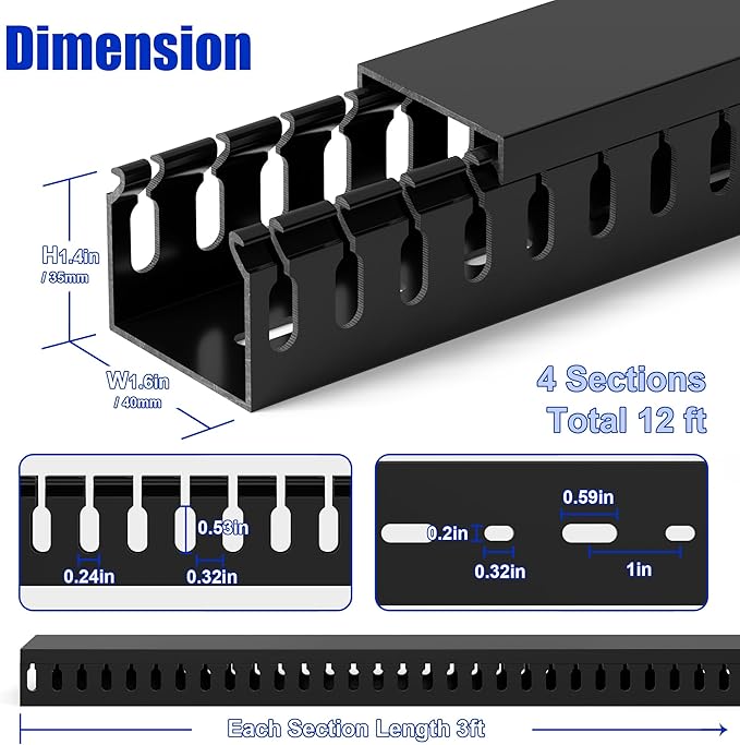 ZhiYo H1.4 x W1.6in Server Rack Cable Management Raceway, 12ft (4xL3ft) Cable Duct Kit, Electrically Safe PVC for Network Wire Management, Open Slot Cord Hider for Computer Under Desk, Black