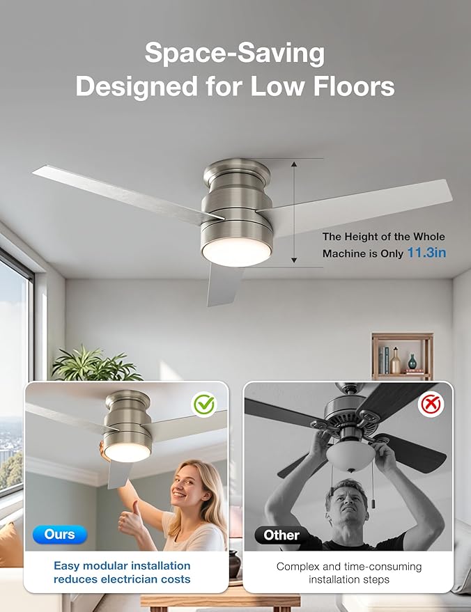 warmiplanet Flush Mount Ceiling Fan with Lights Remote Control, 52-Inch, Brushed Nickel, 3-Blades