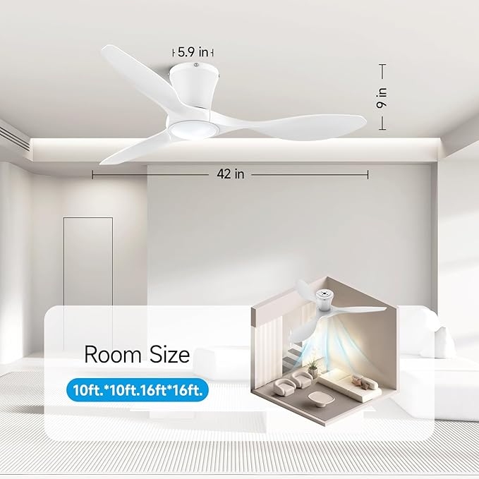 ocioc 42 inch Ceiling Fans with Lights and Remote, Dimmable Ceiling Fans with Reversible Quiet DC Motor, Flush Mount, 3CCT, White Ceiling Fan for Bedroom Living Room Indoor/Outdoor