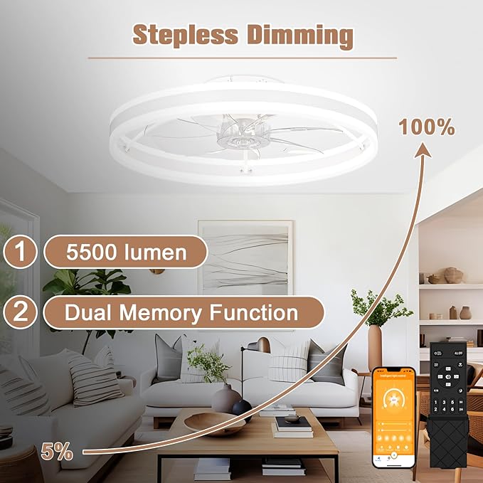 VOLISUN Low Profile Ceiling Fans with Lights and Remote, 23.6in Flush Mount Ceiling Fans with Light, 3000K-6500K Dimmable Fandelier LED Fan Light, White Bladeless Ceiling Fans with Lights for Bedroom