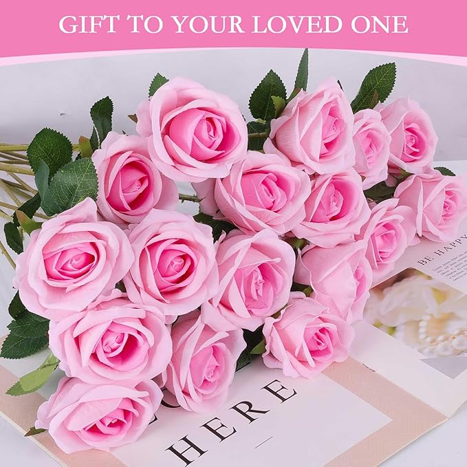 Hananona 50 Artificial Roses in Bulk, Fake Silk Pink Roses Realistic Roses for Wedding Centerpieces Flower Arrangement Home Decor (50, Pink)