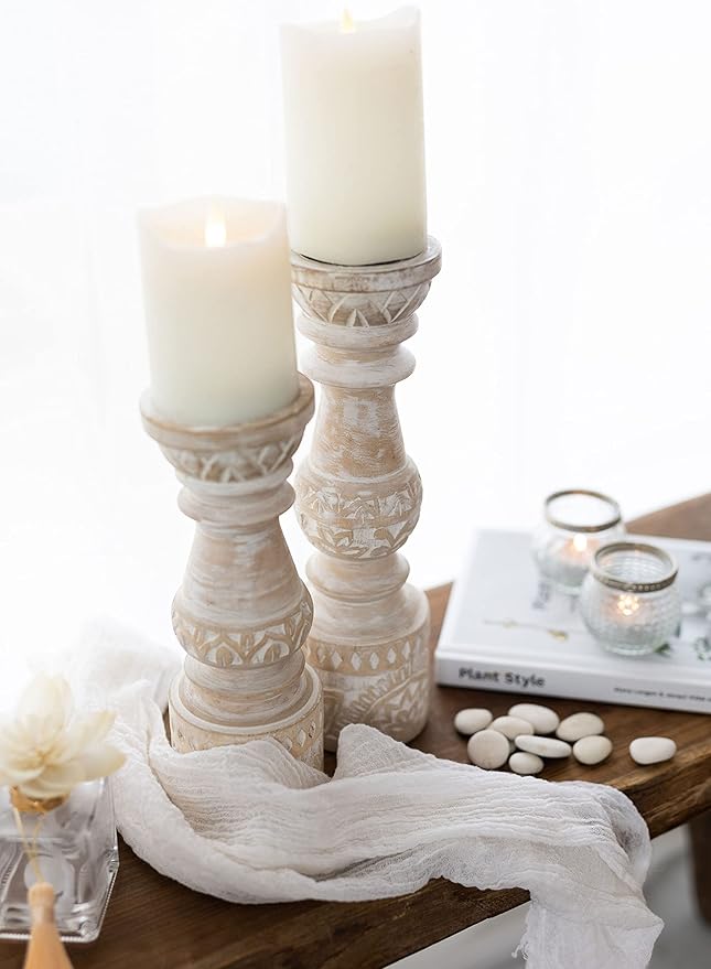 Kurrajong Farmhouse Candle Holders - Boho Set of 2 Tall Candle Stands | Decorative Wood 10" and 12" high | White Washed Candle Holders for Pillar Candles