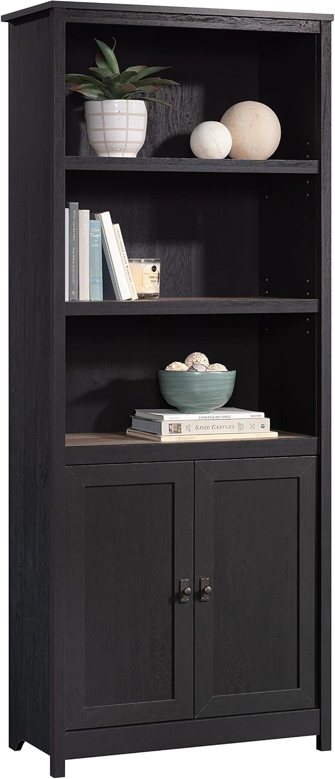 Sauder Cottage Road Book Shelf, Bookshelf with Storage, Library Bookcase with Doors and Adjustable Shelves, in Raven Oak Finish