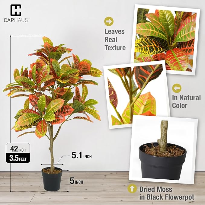 Fencer Wire 42 Inch Artificial Topiary Croton Tree, UV Resistant Artificial Outdoor Plants, Faux Bushes and Shrub, Fake Trees in Pot with Dried Moss, Artificial Plants for Front Porch, Indoor, Outdoor