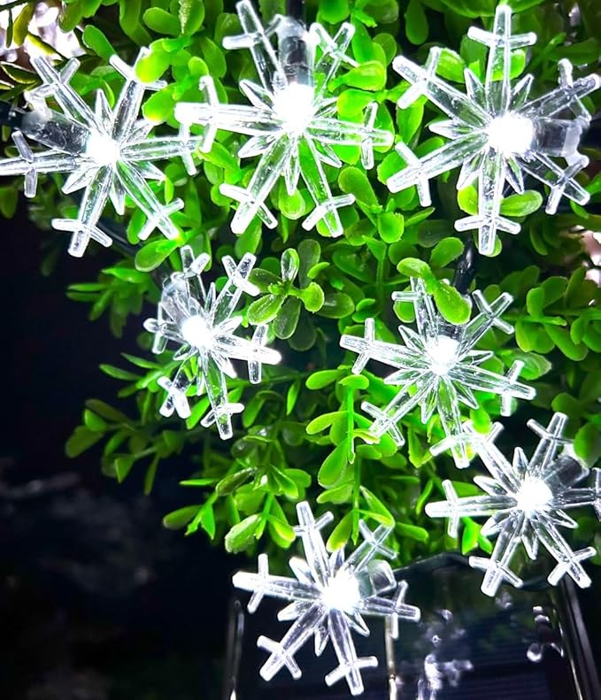 Solar Christmas Snowflake String Lights 36ft 60 LED 8 Modes Solar Fairy Outdoor Waterproof Powered String Lights for Garden Patio Yard Home Christmas Tree Parties(White-Snowflake-60LED)
