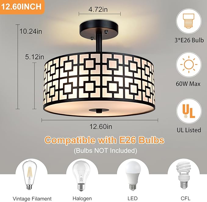DLLT Flush Mount Ceiling Light: Modern 3-Light Semi Flush Mount Ceiling Light Fixture - Drum Kitchen Lighting Fixture for Dining Room - Black Bedroom Ceiling Lamp with Double Shade