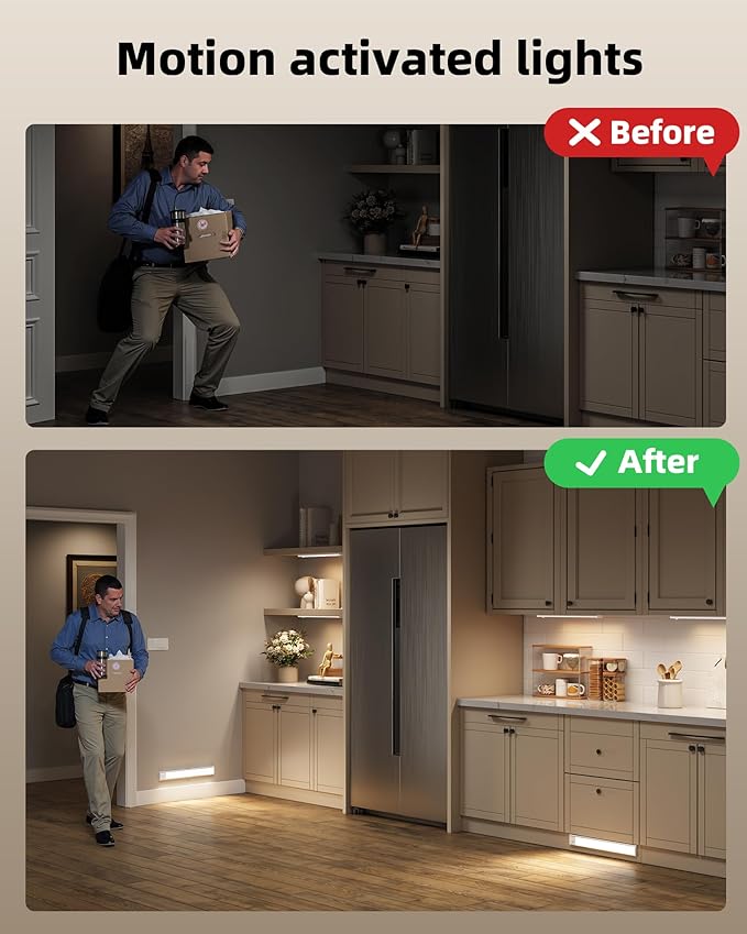Under Cabinet Lighting, 12inch Rechargeable Motion Sensor Light Indoor, 1800mAh Battery Operated Closet Lights, with Dimmable & 3 Color Temps, Wireless Under Counter Lights for Kitchen,Stairs(6Pack) ﻿