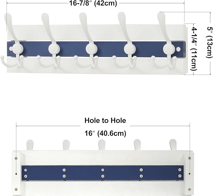 SKOLOO Coastal Wall Mounted Coat Rack - 17" Beach House Entryway Wooden Coat Hook with 5 Hooks for Hanging Coats, Hats or Towels, Oceanfront Cottage Core Collection, White & Blue, Pack of 2