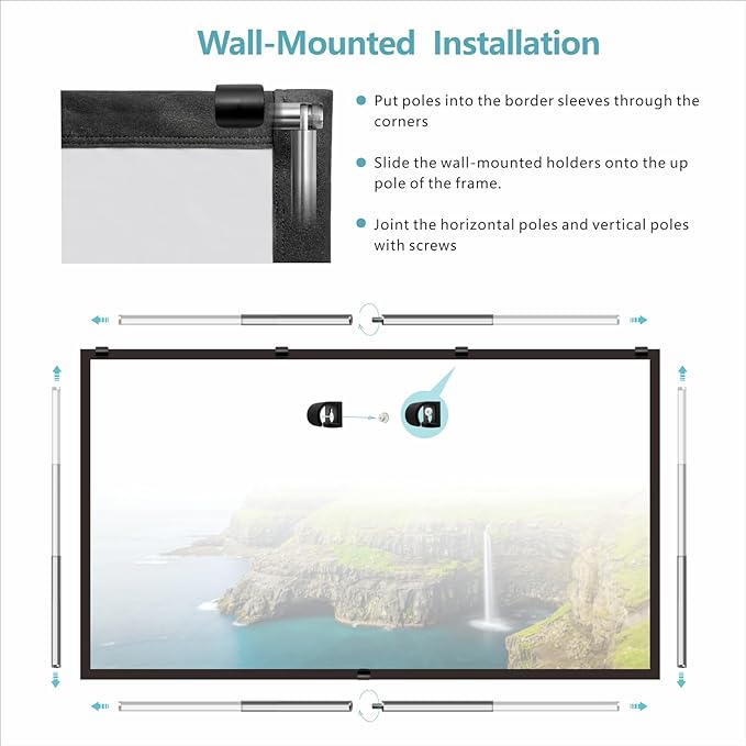 Foldable Projector Screen with Stainless Steel Telescopic Rod Combination Frame 16:9 HD 4K Anti-Crease Portable Projection Screen (70 inch)