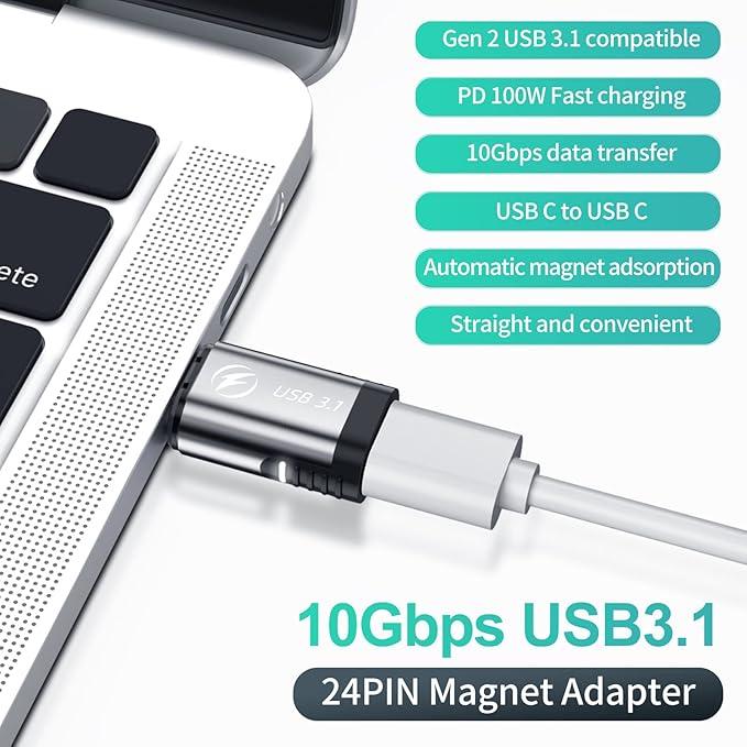 USB C Magnetic Adapter Straight 2 Pack, 24 pin Magnetic USB C Adapter with PD 100W 5A Fast Charging 10Gbs Data Transfer USB3.1 4K 60Hz Video for Thunderbolt 3 MacBook Pro/Air and More Type C Devices