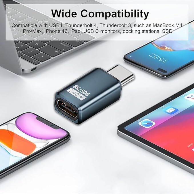 Poyiccot 80Gbps USB C 90 Degree Adapter【240W Charging/ 8K@60Hz Video】 90 Degree USB C Adapter Right Angle Type C Extender Compatible for Thunderbolt 5/4, iPhone 16, Steam Deck,5-Pack