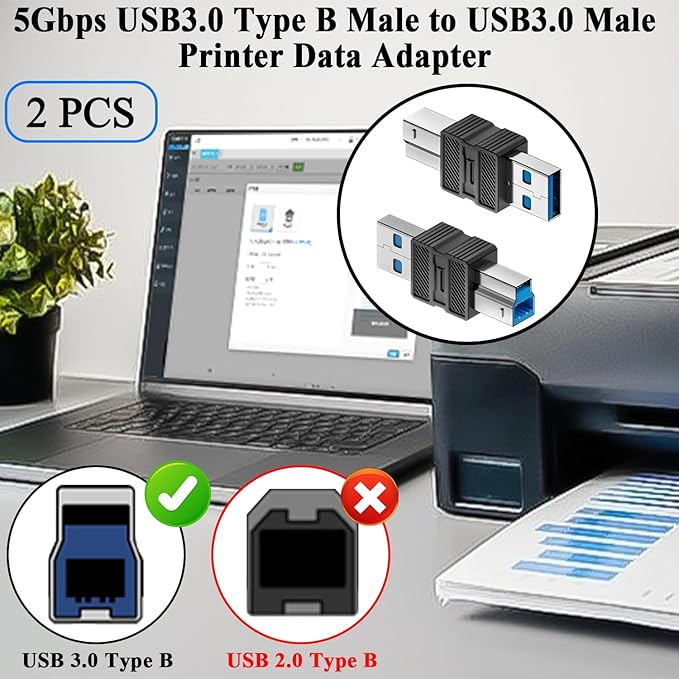QIANRENON USB3.0 Type B to USB-3.0 Printer Adapter 5Gbps USB3.0 B Male to A Male Data Connector USB-B 3.0 to USB-A Converter, Not for Type-B 2.0, for Computer External Hard Drive Scanner, 2Pcs