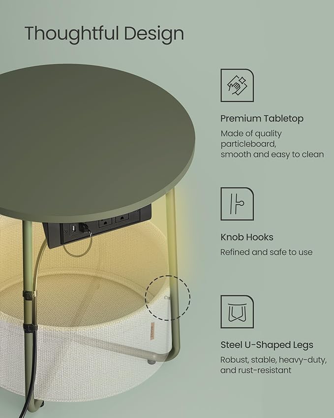 VASAGLE LILEA Collection - Side Table with Charging Station, Round End Table with Fabric Basket, LED Nightstand with USB Ports, Modern, for Living Room, Forest Green and Cream White ULET227C01