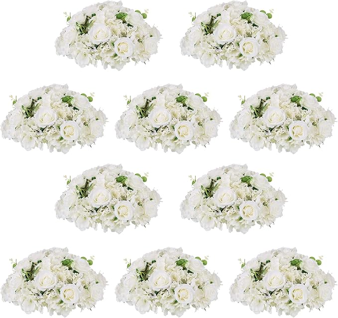 NUPTIO Flower Ball Arrangement Bouquet - 10 Pcs 15.7 inch Diameter White Fake Flowers Roses Balls for Centerpieces Tables - Artificial Rose Arrangements for Wedding Centerpiece Table Decorations