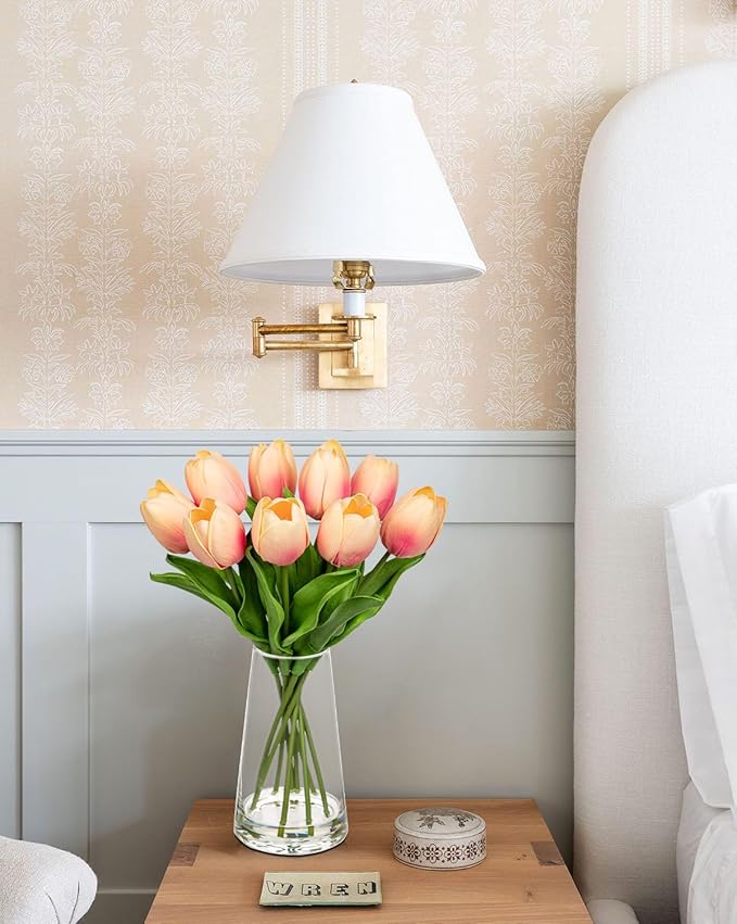 Fake Tulips Artificial Tulip Flowers in Glass Vase with Faux Water, 14.2" Real Touch Peach Tulip Flowers Spring Décor for Table Centerpiece Home Farmhouse Resto Wedding Decoration