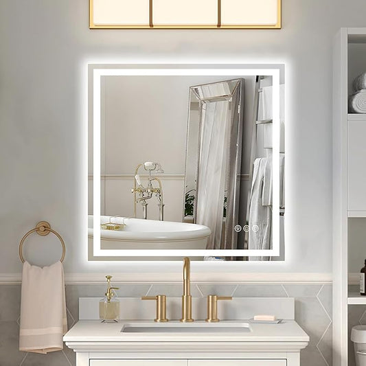 30x30 Inch Led Mirror for Bathroom with Front Light and Backlit, Dimmable Anti Fog Wall Bathroom Mirror with Led Lights, Water Proof, Decor Vanity Mirror