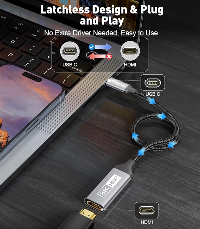 USB-C to HDMI 2.1 Adapter | 8K@60Hz,4K@144Hz,2K@165Hz High-Speed USB Type C 3.1 to HDMI 8K Converter [Thunderbolt 3/4 Compatible] for MacBook Pro/Air,iPad, Other USBC Laptops