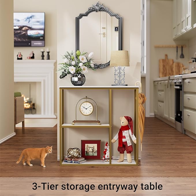 WOHOMO Console Table, Small Entryway Table with Storage Shelves 12'' Narrow Sofa Table Modern Hallway Table for Living Room 31.5" x12''x31.5'' White and Gold