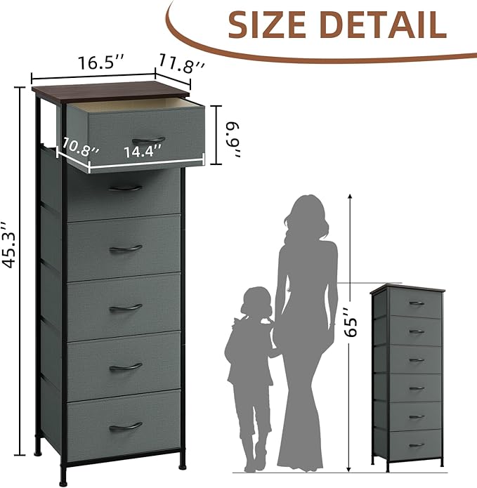 Somdot Tall Dresser for Bedroom with 6 Drawers, Storage Organizer Chest of Drawers with Removable Fabric Bins for Closet Bedside Living Room Laundry Entryway Hallway, Charcoal Grey